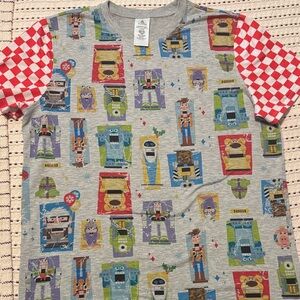 Disney Gray Tee with Red Check Short Sleeves and Toy Story Multi-Character Print
